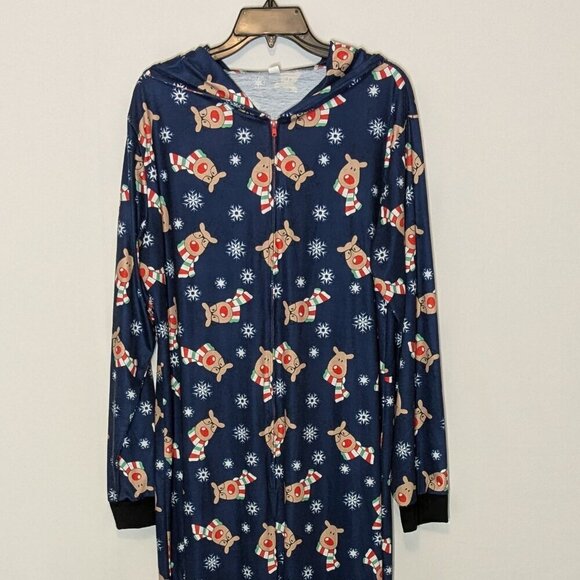 Blue Knit, Rudolph Reindeer One-Piece Hooded Christmas Pajamas; Men Size L - Picture 3 of 5